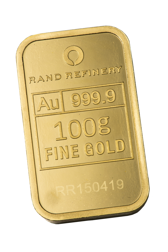 A gold bar stamped with “Rand Refinery,” showing purity “Au 999.9” and weight “100g Fine Gold,” along with a serial number at the bottom.