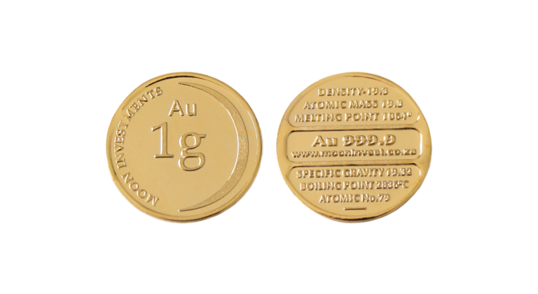 Gold coin with “1 g Au” marking and Moon Investments branding